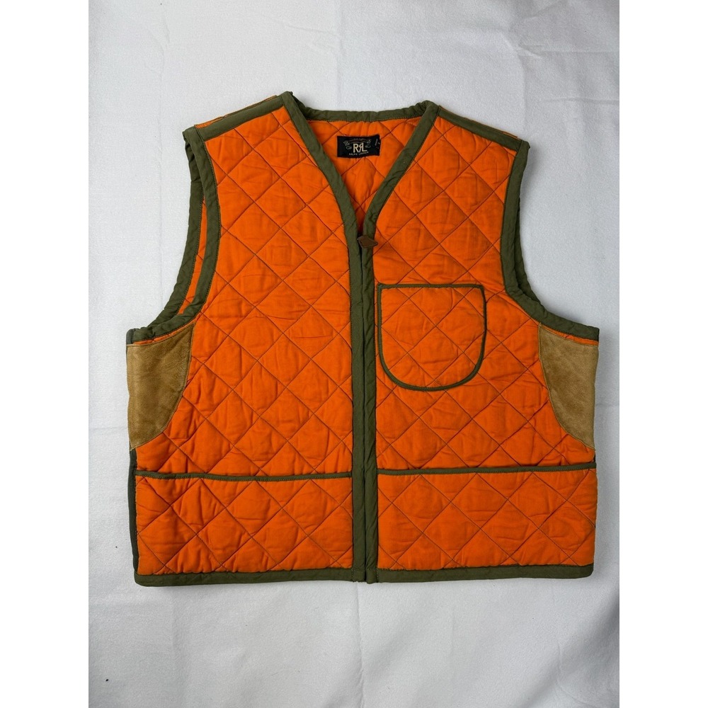 RRL Ralph Lauren Double RL Orange Quilted Hunting Vest Suede Patches AS IS